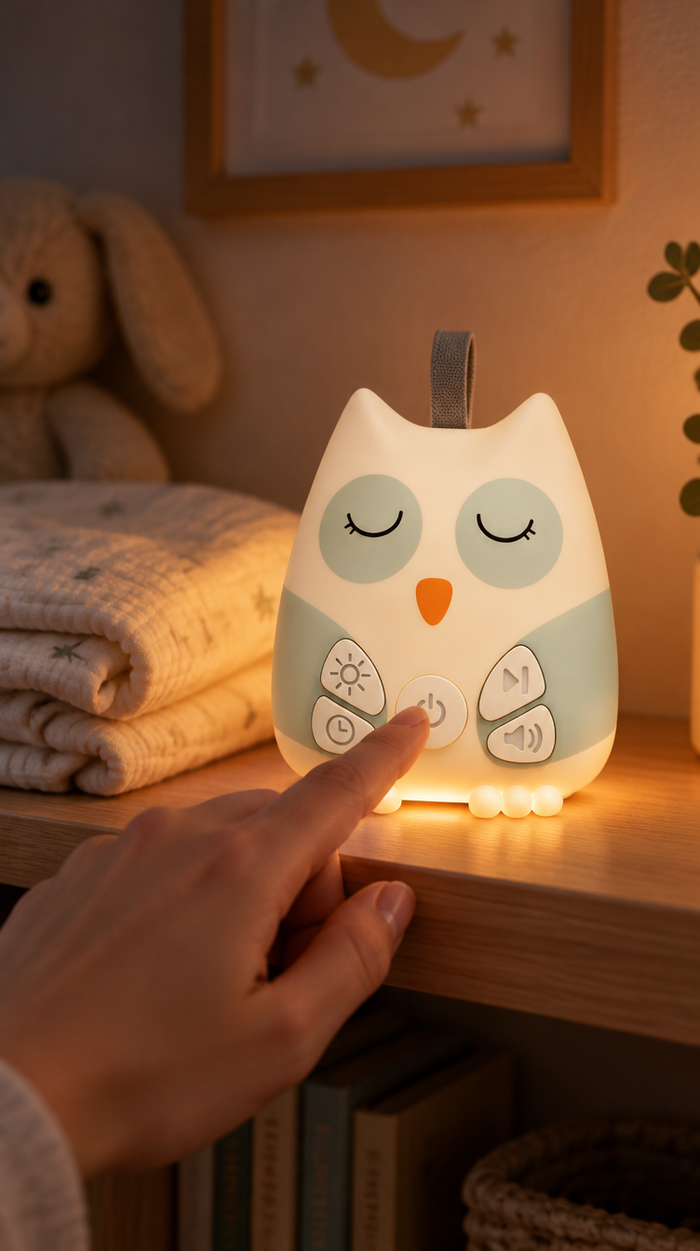 Pressing the button on the Little Owl soother