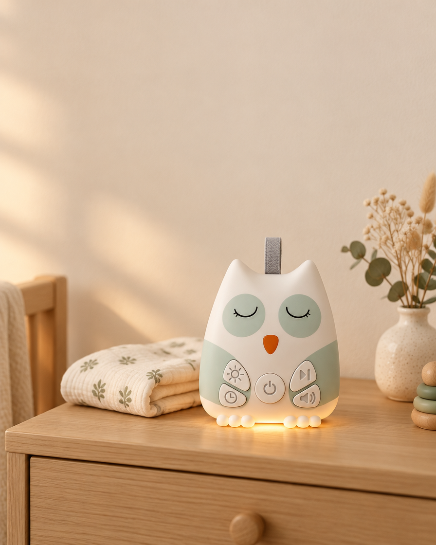 The Little Owl white noise soother glowing on a nursery dresser