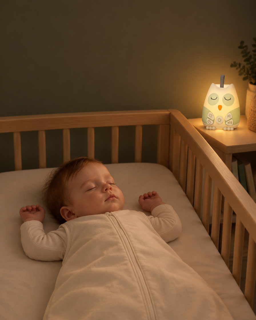 Baby sleeping on its back in a clear cot with the Little Owl glowing on a nearby shelf