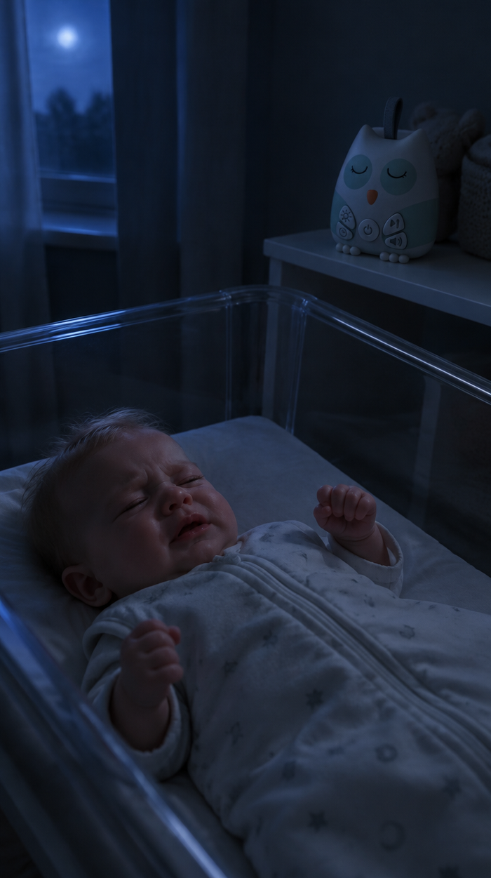 Baby stirring in a dark nursery at night