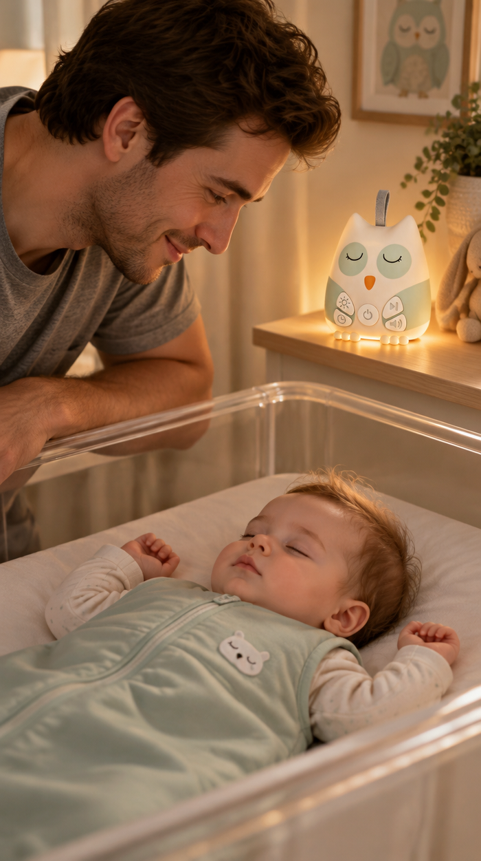 Dad smiling at his sleeping baby